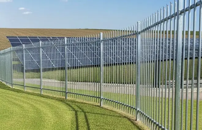 Energy Farm Fencing featuring galvanised steel vertical bar security fencing enclosing a solar farm installation.