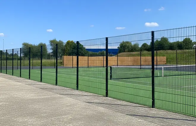 Sports Ground Fencing featuring black rigid wire mesh panels surrounding an outdoor sports court.