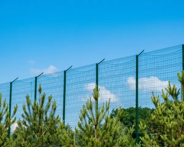 Sports Ground Fencing featuring tall green mesh panels with high ball-stop extension netting against a blue sky.